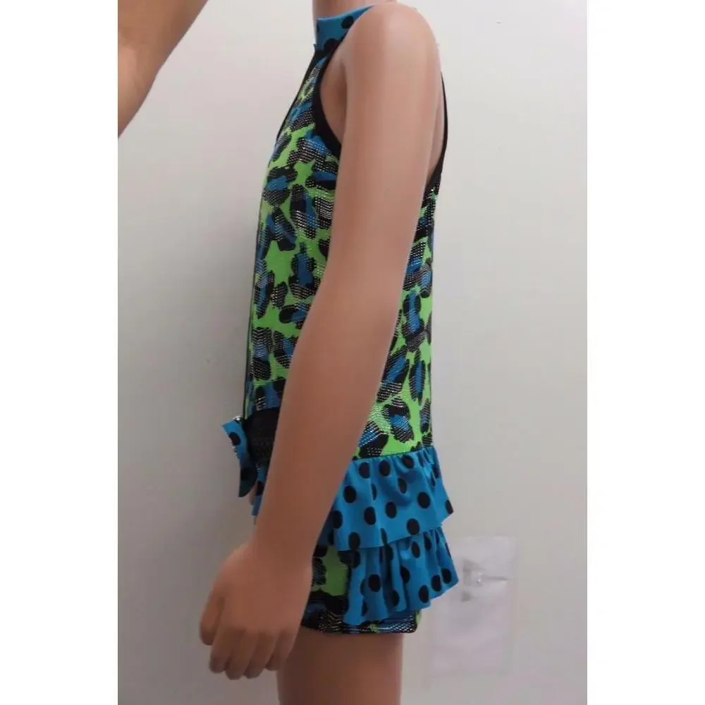 Pre-Owned Dance Costume Curtain call E1146 Large Child Green Ruffles Jazz Foil